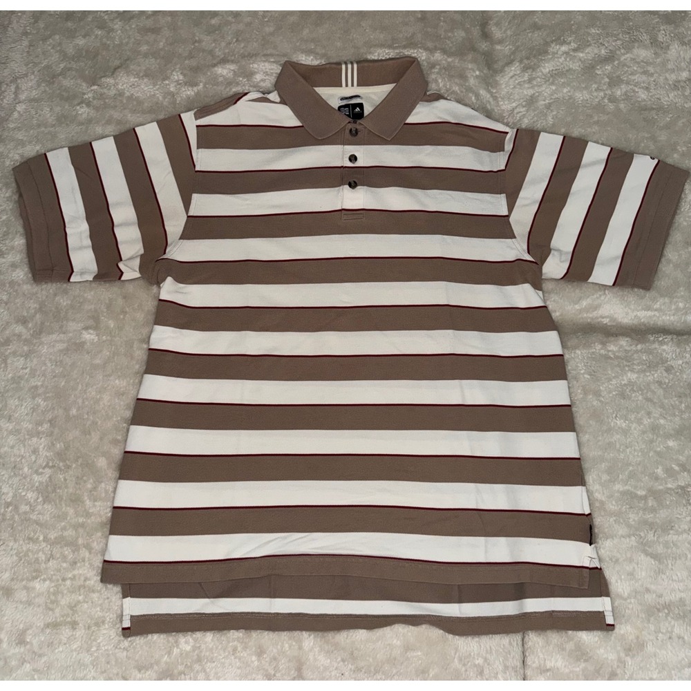 Adidas Climalite Mens XL Striped Polo Shirt Tan White Golf Club Dublin Pique